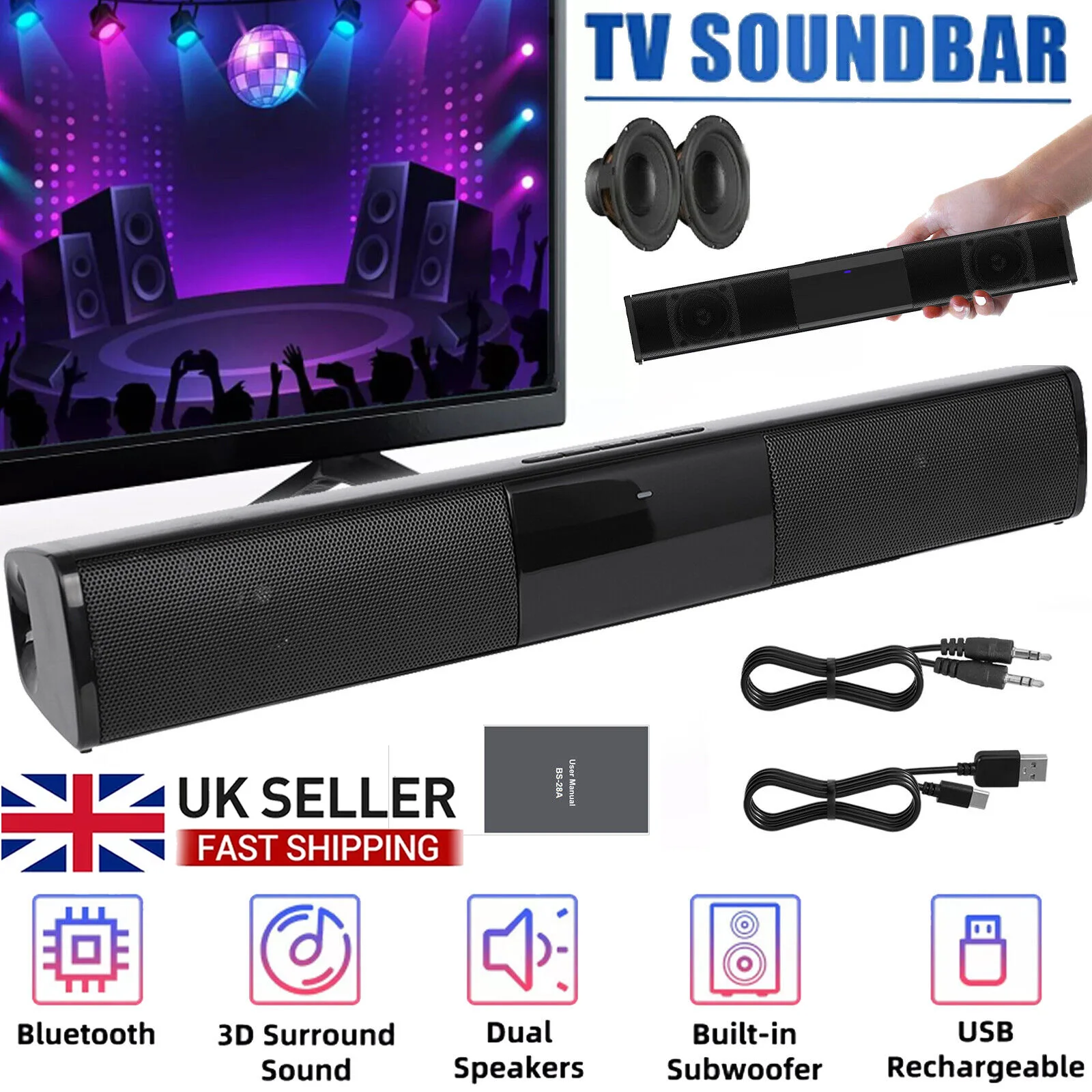 TV Soundbar Wired and Wireless Bluetooth Speaker Home Theater Sound System 3D Stereo Surround with FM/ AUX/ TWS For PC Computer
