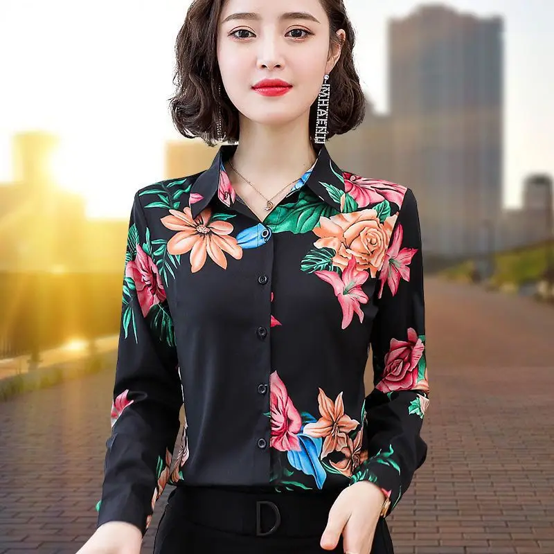 Vintage Printed Button Asymmetrical Shirts Women\'s Clothing 2023 Autumn Winter New Loose All-match Tops Office Lady Blouses