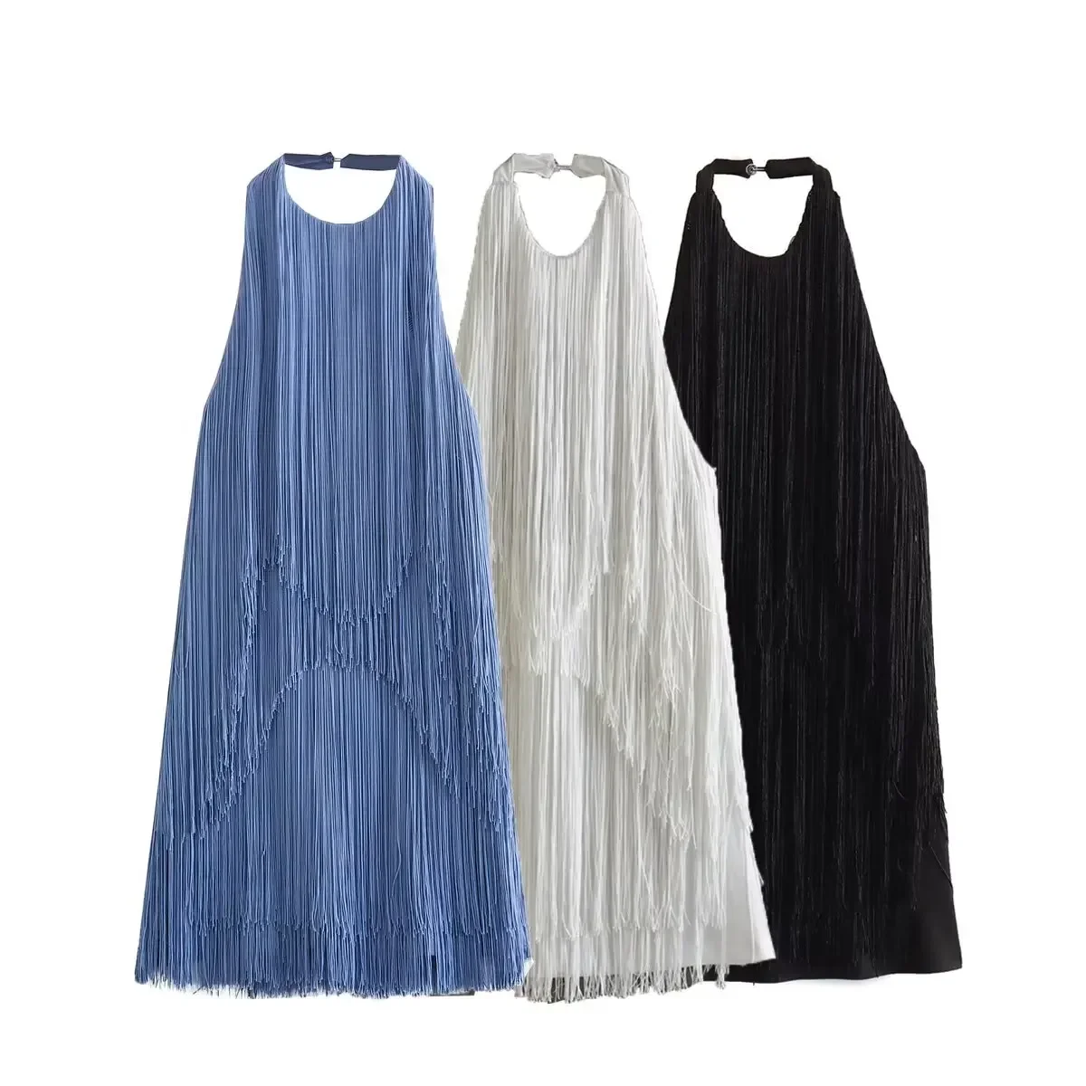 

Women's Summer Chic Fashion Tassel Decoration Slim Fit Hanging Neck Mini Dress Retro Sleeveless Backless Women's Dress Mujer