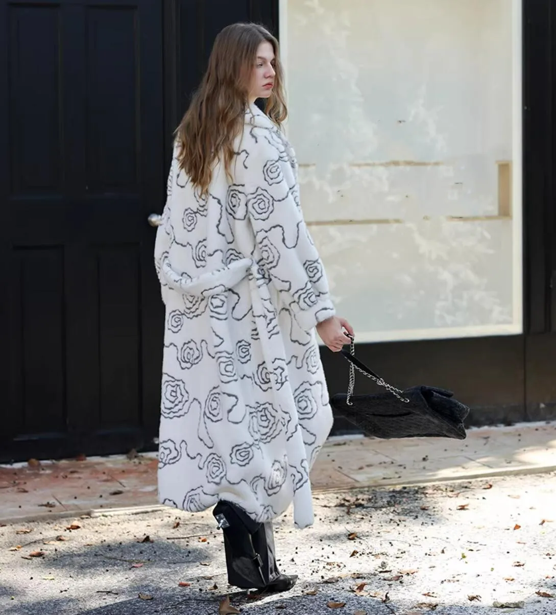 2025 invierno marfil estampado Floral imitación abrigo de piel de visón CHIC mujeres cuello con muescas lazo fajas manga completa suelta cálida ropa de abrigo larga