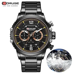 BORUSE Luxury Fashion Brand Men Sport Watches Mens Stainless Steel Business Waterproof Multi Function Quartz Watch