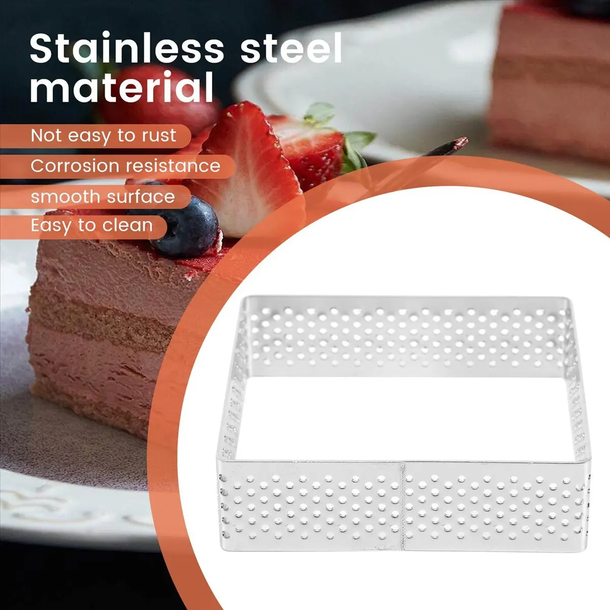 AA77 NEW Perforated Tart Ring Stainless Steel Tartlet Molds Square Shape Mould Cake Circle French Pastry Baking Tool, 5 Pack