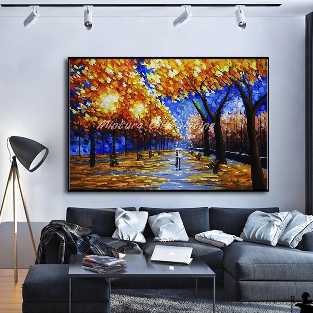 

Mintura Handpainted Streetscape Landscape Oil Painting On Canvas,Abstract Thick Tree Picture Wall Art For Living Room Home Decor