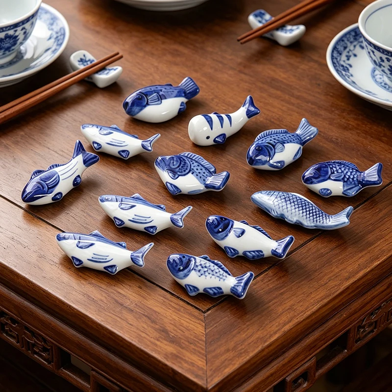 9pcs Ceramic Chopstick Rest Cute Blue Fish Utensil Holder Restaurant Spoon Stand Japanese Style Sushi Chopstick Stand for Table view 5