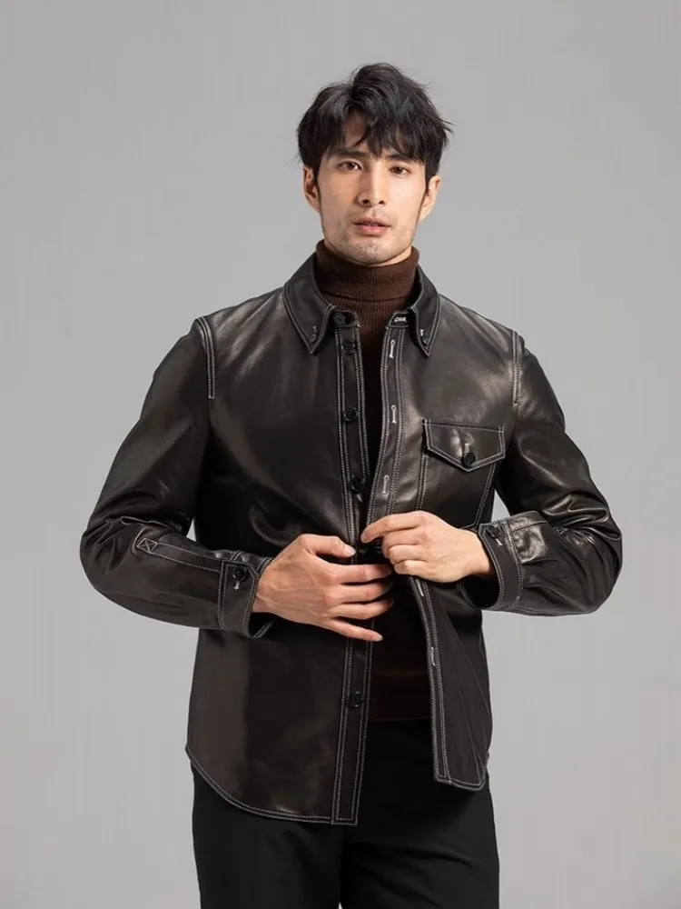 Single Breasted Mens Genuine Leather Shirt Jacket Slim Spring Autumn Long Sleeve Casual Sheepskin Short Coat Customized 10 Days