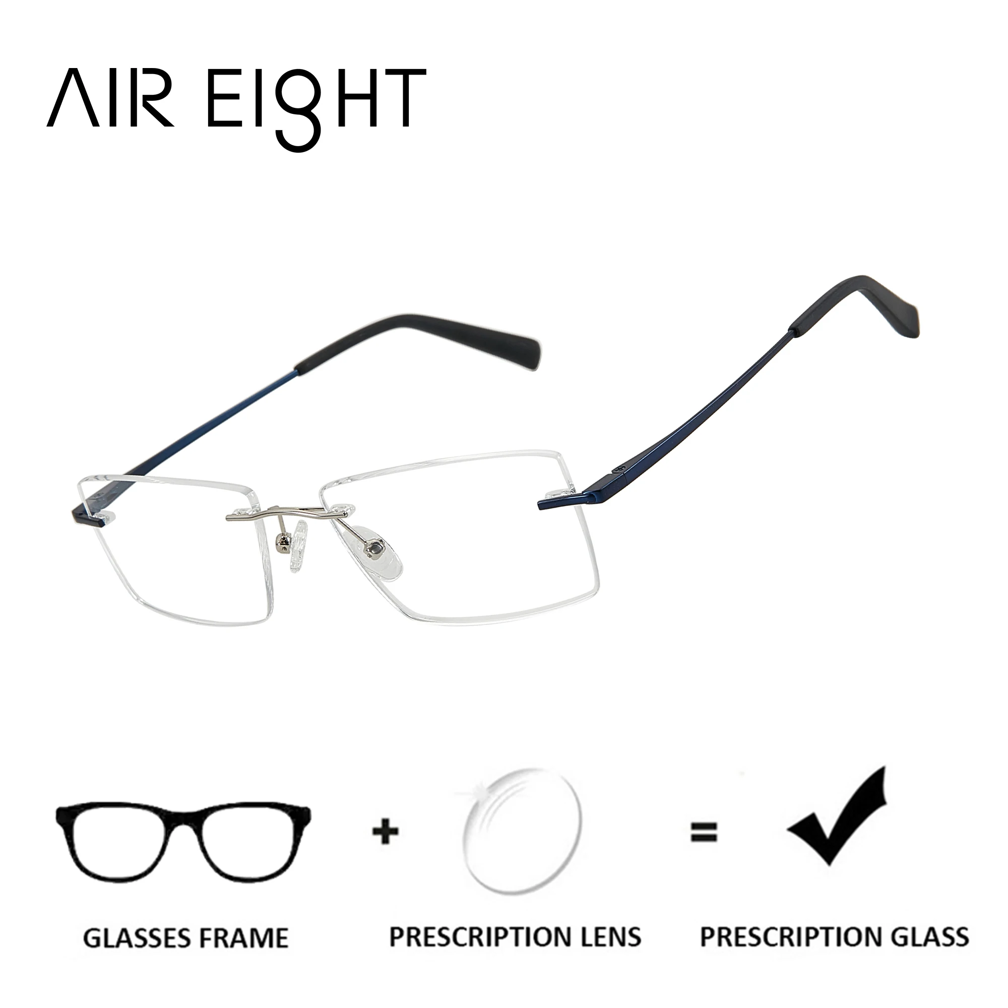 AIR EIGHT Metal Rectangle Rimless Prescription Glasses For Men Anti Blue Light Progressive Optical Lenses with Recipe