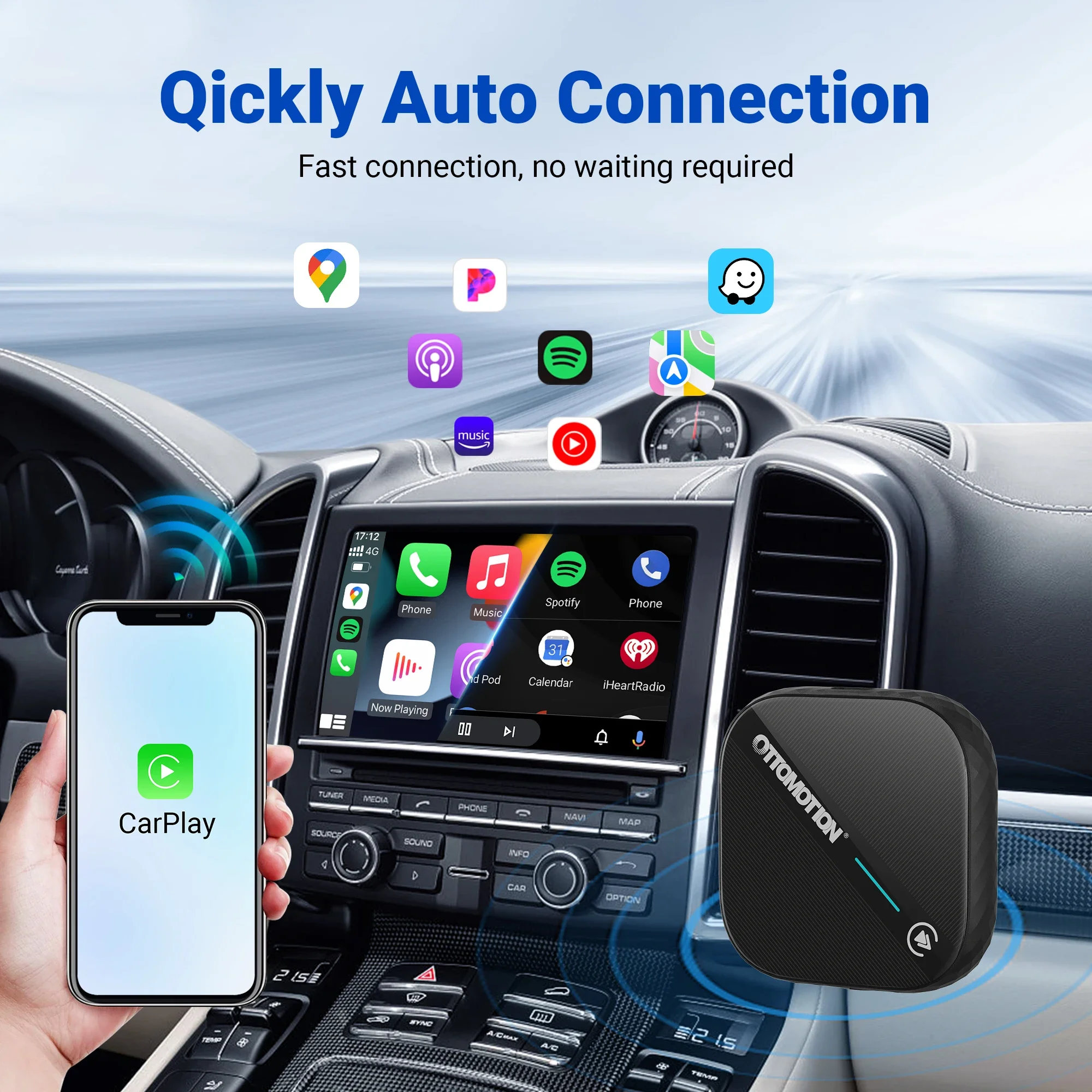 OTTOMOTION 5.0 Android Auto Wireless CarPlay Adapter Car Accessories GPS Navigation for Volkswagen Benz Ford Kia Volvo Chevrolet