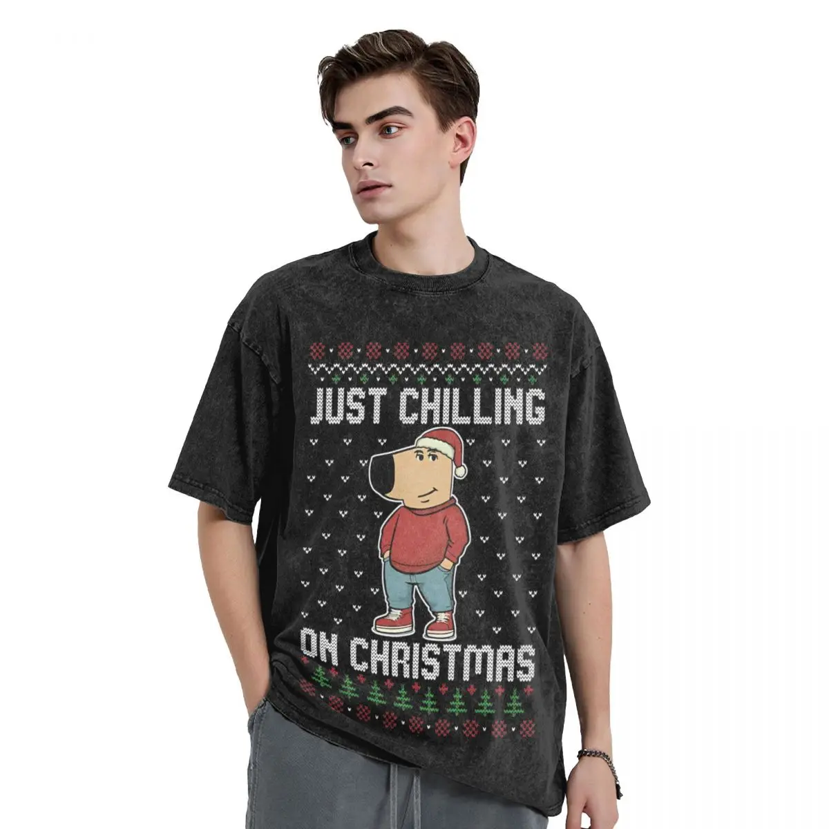 Just Chilling On Christmas Ugly Christmas Chill Guy T Shirts Washed Cotton T-Shirt for Men Women Tops Streetwear Tee Shirt