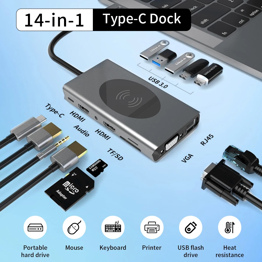 

14 in 1 USB Type C HUB Wireless Charging USB 3.0 RJ45 PD To HDMI-compatible Adapter Docking Station For Macbook Pro Laptop PC