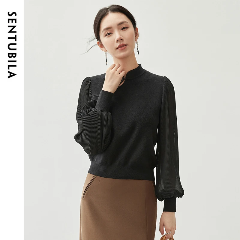 SENTUBILA Patchwork Puff Sleeve Knitted Sweater Pullover Women 2024 Autumn Chinese Style Elegant Tops Female Knitwear 743H56075