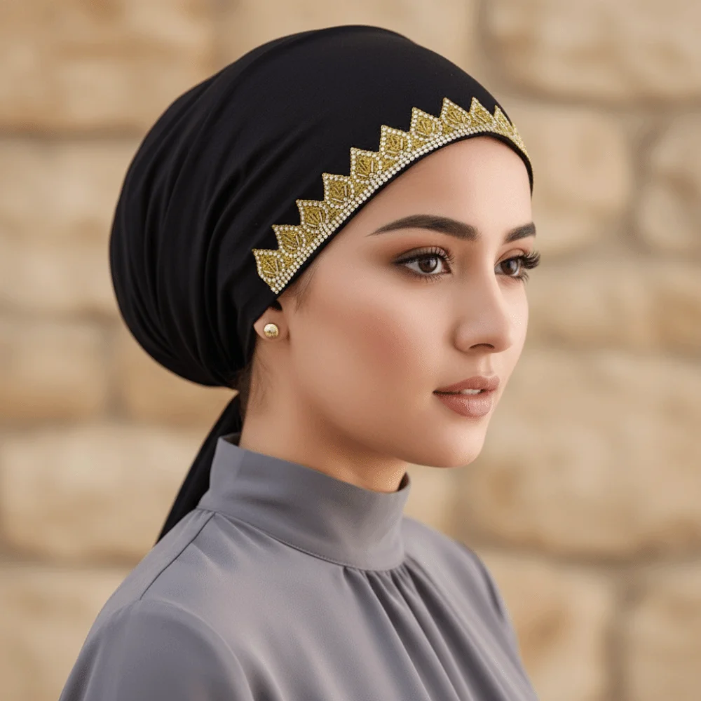 

Soft Stretch Inner Hijabs Elasticity Tie Back Hot Stamping Prayer Cap Plain Leaf Golden Floral Embroidery Undercap