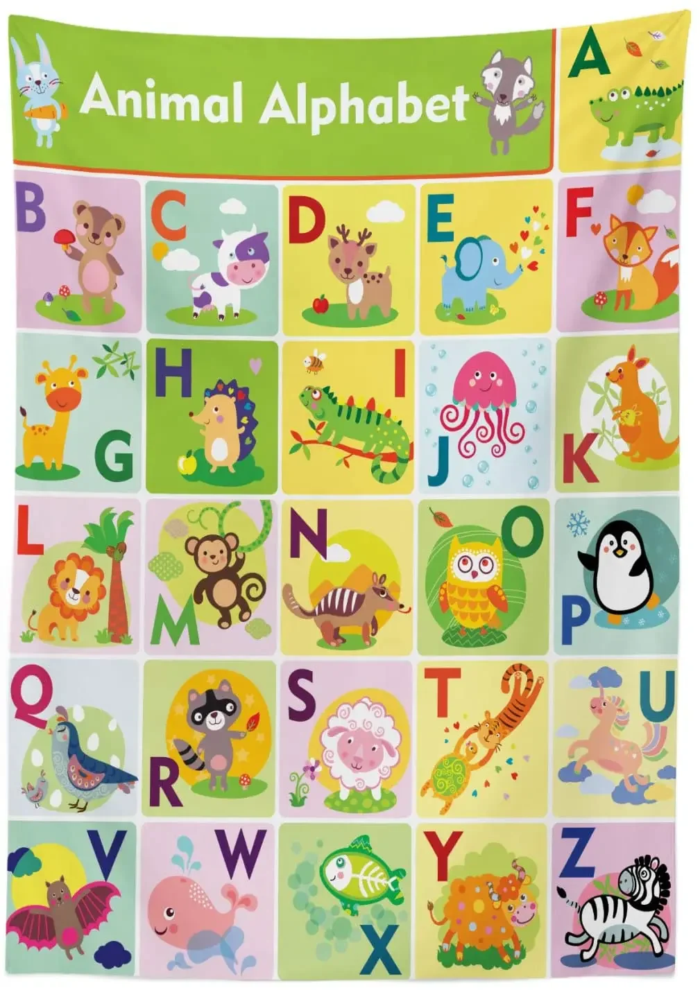 ABC Colorful Wildlife Animal Alphabet A-Z Cartoon Zebra Penguin in Isolated Squares Custom Table Cover