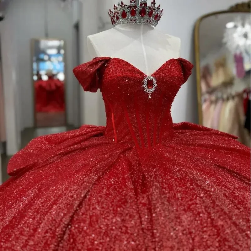 Shinning Hot Red Quinceanera Dress Pretty Bow Back Lace-Up Vestido De 15 Anos Luxury Beading Evening Party Dresses Ball Gown