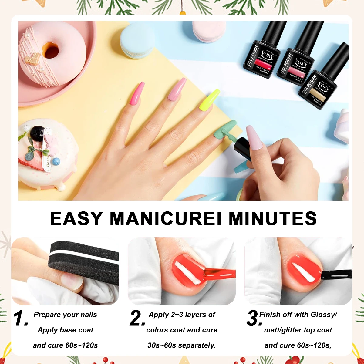 6 uds VOKY 7ML esmalte de uñas en gel de color sólido con polvo chalota para hidratación brillante para decoración de uñas en el hogar o regalos de Año Nuevo