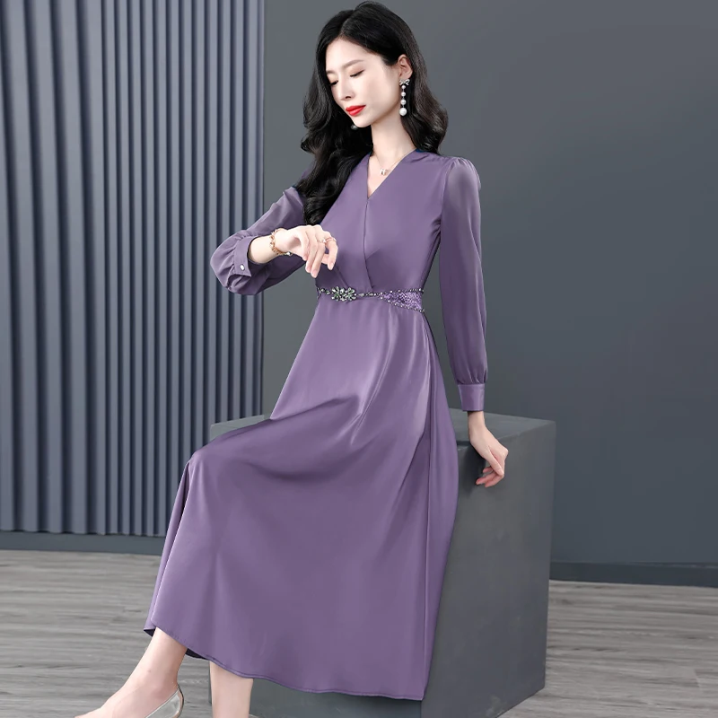 2025 비딩 실크 새틴 시크 미디 드레스 여성용 긴 소매 브이넥 우아한 베스티도스 가을 겨울 한국 패션 럭셔리 드레스