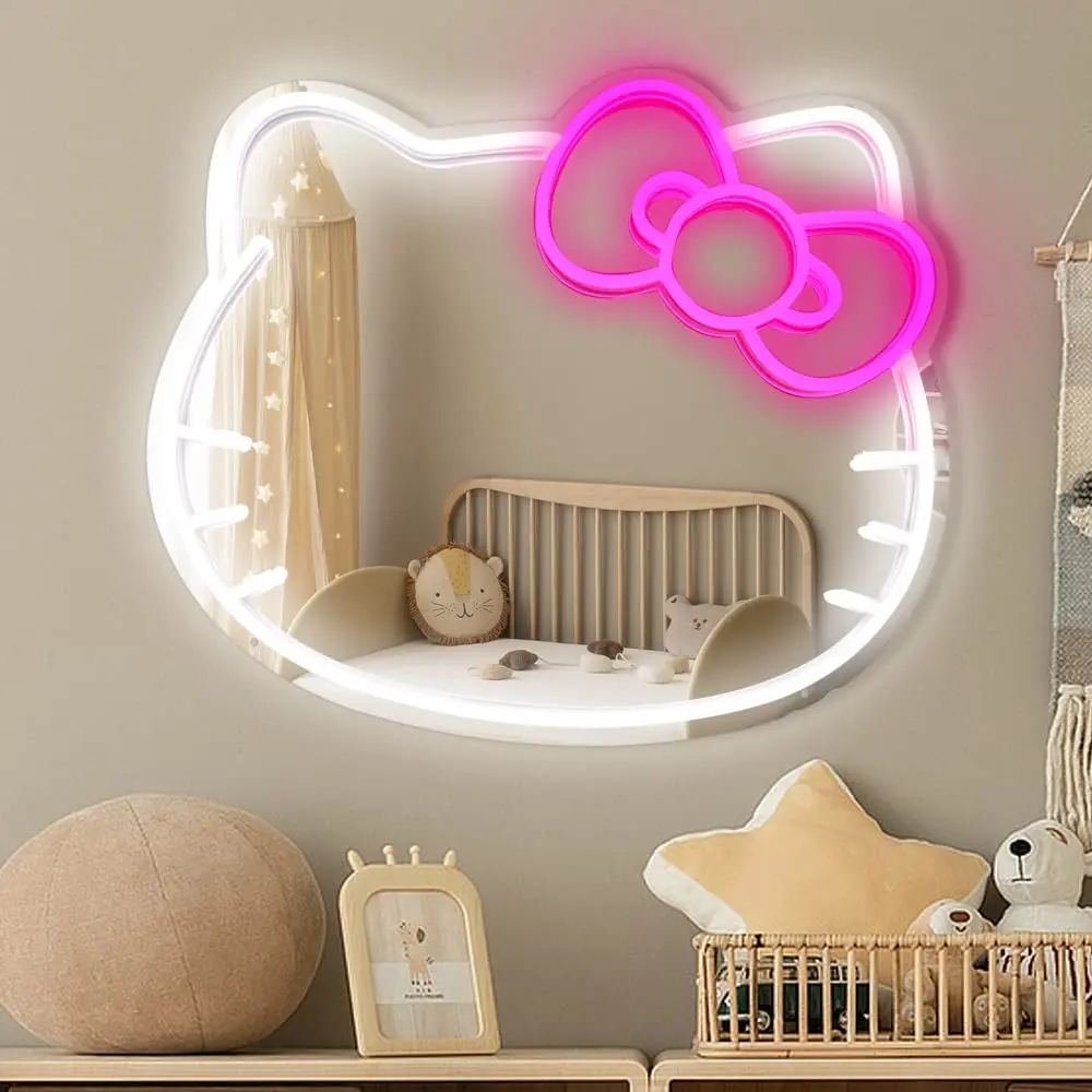 Hello Kitty Mirror Neon Sign For Wall Decor Cute Mirror Neon Sign For Bedroom Living Room Game Room Gifts For Girls Girlfriend