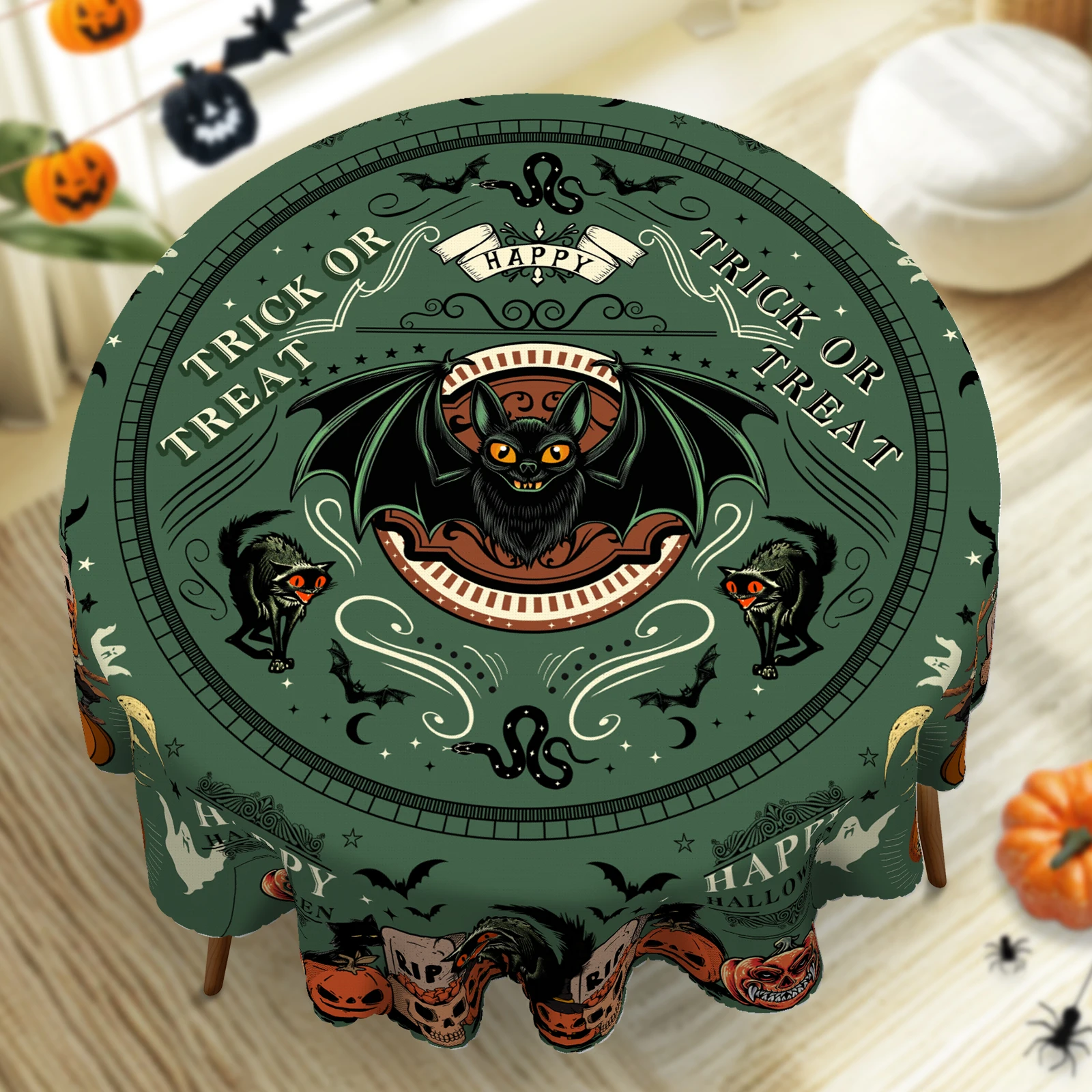 1 Piece, Round/Visect Polyester Tablecloth + 4 Self-Adhesive, Halloween Horror Atmosphere Printing, Pumpkin Head Bat Black Cat Tombstone Skull Ghost Pattern, Embossed Edge, Suitable for Home Kitchen, Living Room Dining Table Balcony Coffee Table, Holiday Party Holiday Decoration Tablecloth, Outdoor Picnic Decoration, Coffee Table Decoration Tablecloth, Perfect Holiday Gift-H152