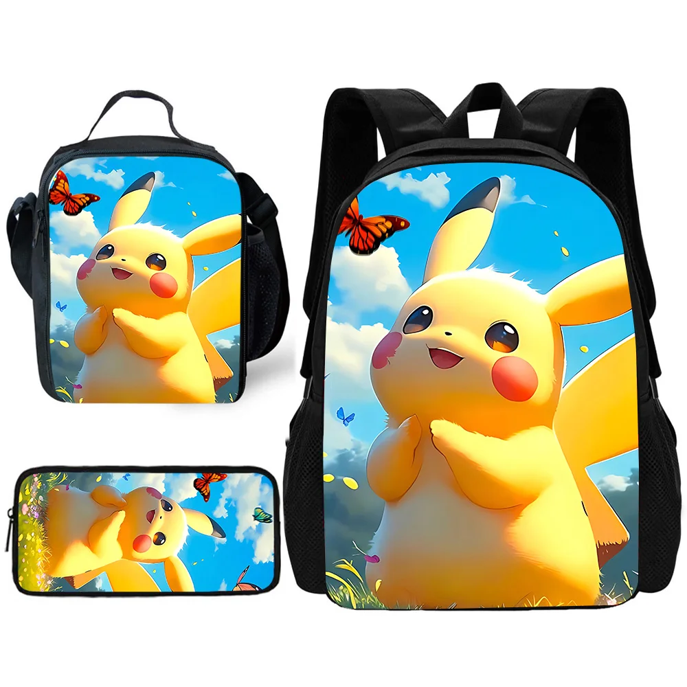 3 pcs set Cute Anime For Pikachus Child School Backpack with Lunch Bags ,Pencil Bags ,School Bags for Boys Girls Best Gift