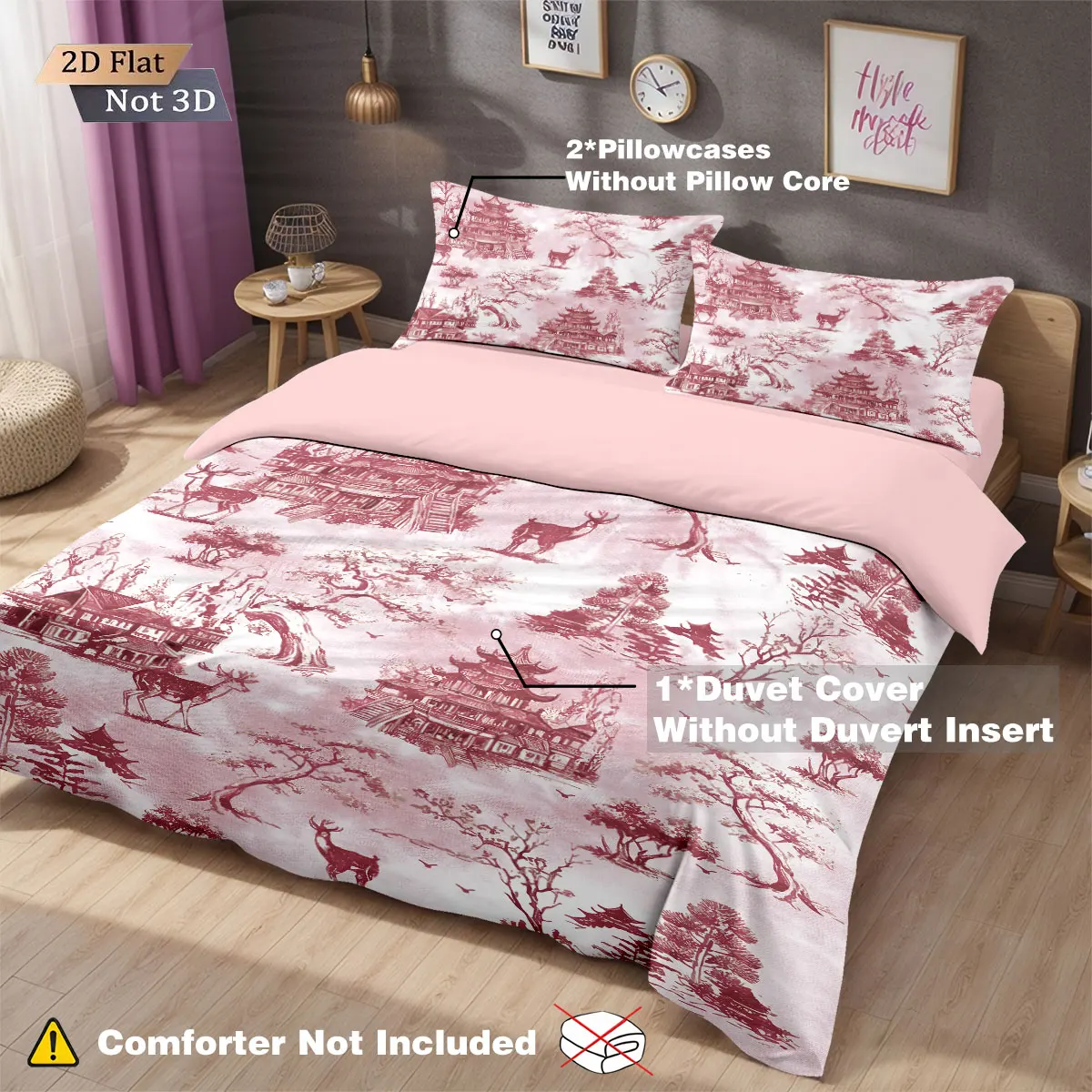 3pcs pink antique architectural print coreless bedding comfortable multi size bedroom dormitory duvet covers, machine washable