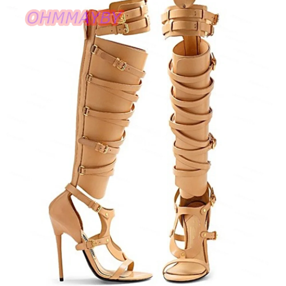 Women Beige Knee High Gladiator Sandals Stiletto High Heels Strappy Buckle Open Toe Cutout Party Shoes Fashion Footwear EU Sizes