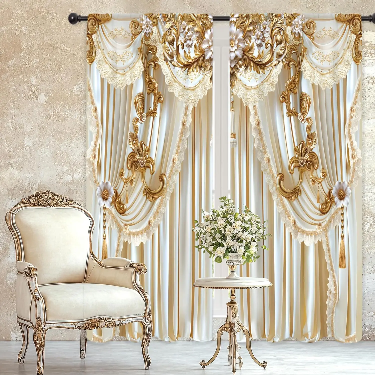 White Gold Golden Curtains Vintage Elegant Luxury (no Tassel) European Rod Pocket Women Girls Modern Bedroom Living Treatment