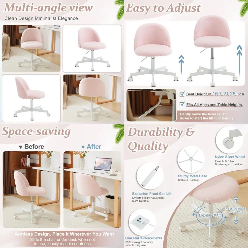 

Pink Teddy Swivel Chair with Wheels and Lumbar Support for Home Office, Bedroom Desk