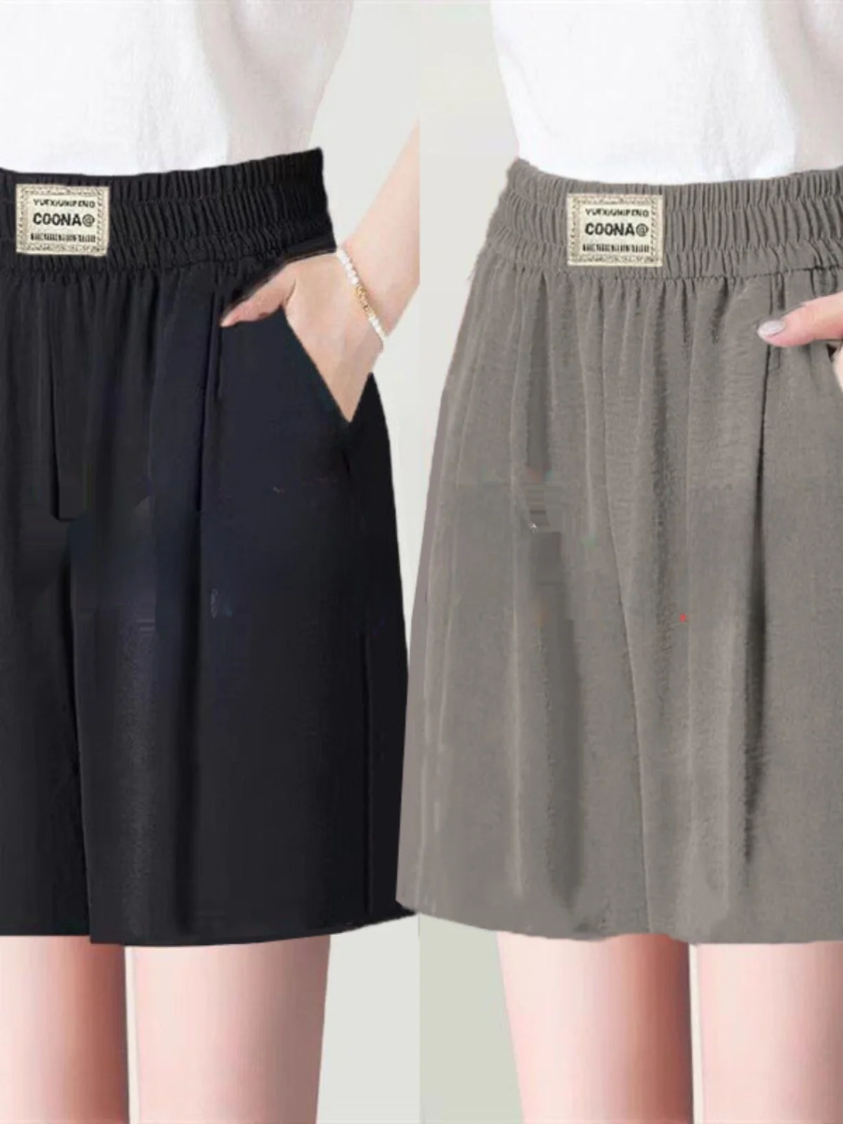 شورت نسائي جديد من الحرير الجليدي والقنب بطول خمسة أرباع، خصر عالي، رفيع، كاجوال، فضفاض، مُصمم للتنحيف، واسع الساقين، متعدد ا...