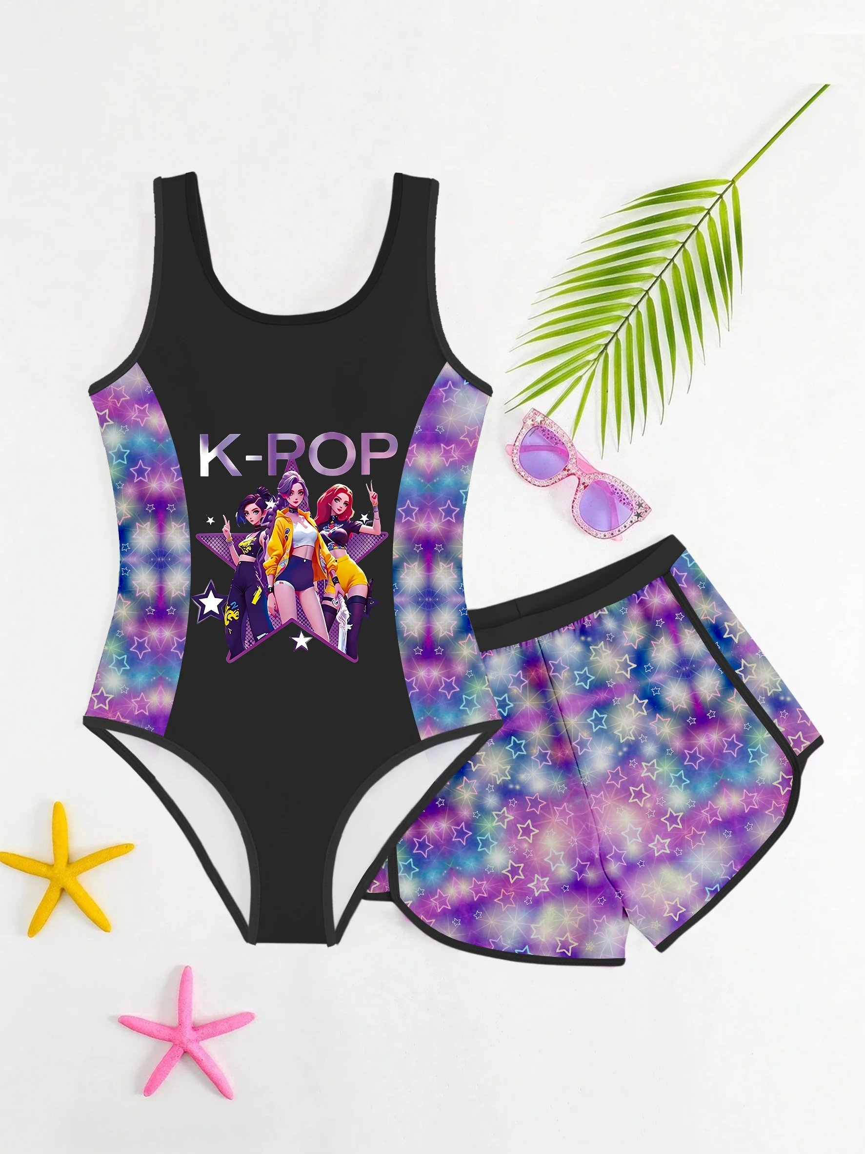 Sweet & Cool Two-piece Swimsuit for Girls, Gradient Pink & Purple with Cartoon Idol Print, Tank Top Style Swimwear with Shorts, image 5