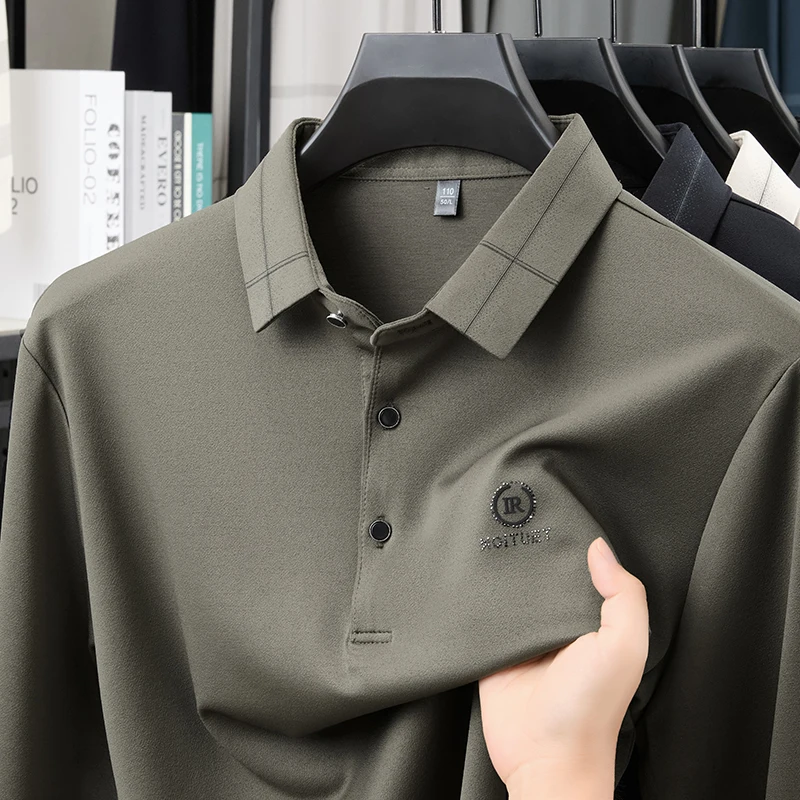 

TFETTERS Brand 2025 Autumn Elegant Men's Golf T-shirt Long Sleeve Turn Down Collar Soft Stretch Wrinkle-resistant Business Tops