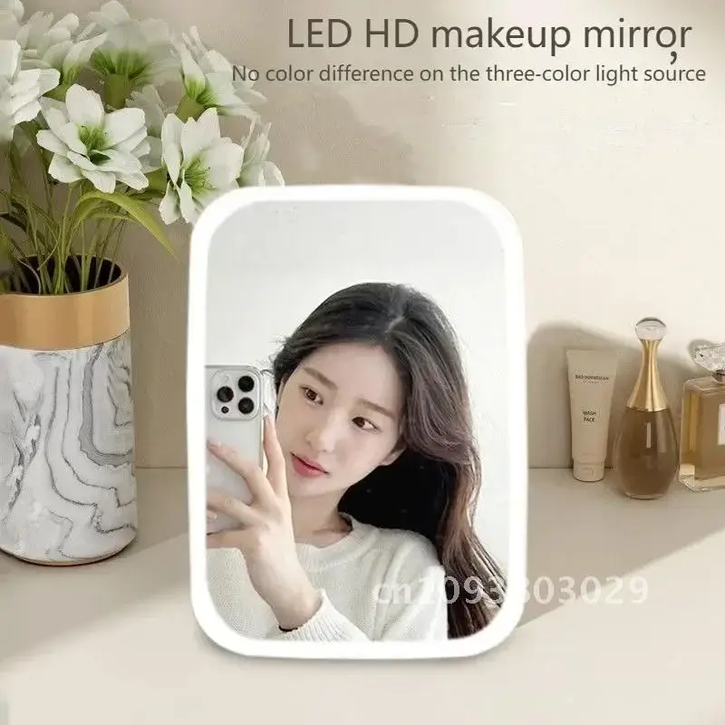 LED Makeup Mirror with Stand Desktop Folding Compact White Square Color Light Light Vanity Cosmetic with Mirror Travel 3 Mirror