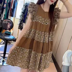 Stylish Flying Sleeve Ruffles Midi Dress Women's Clothing Broken Flowers Patchwork Summer A-Line Loose Casual Round Neck Dresses