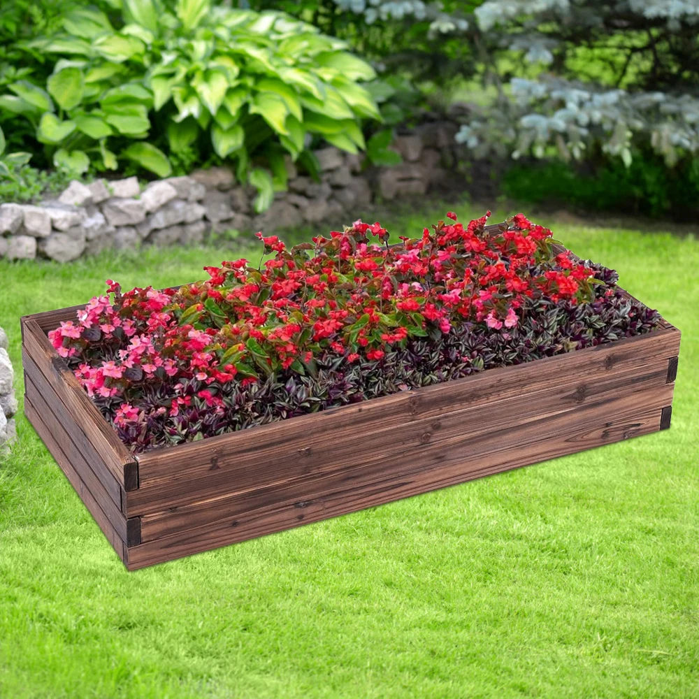 1PC Square Raised Wooden Garden Flower Box Bed Kit Plant Growing Bed with Breathable Protective Bottom Design for Yard Garden