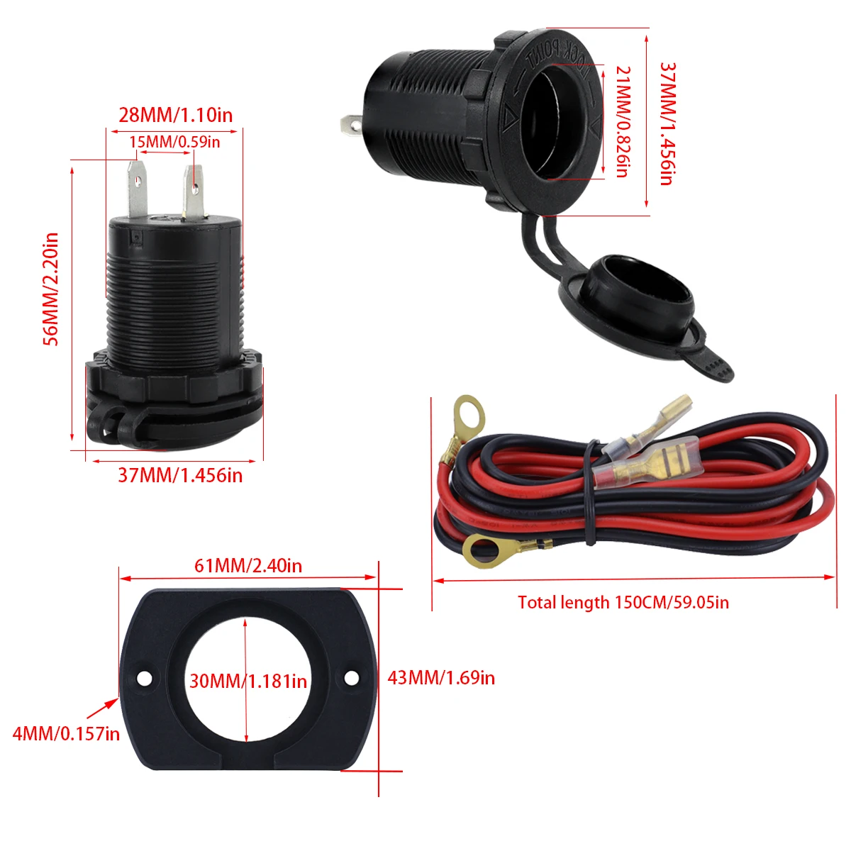 Blue, green, red LED -  dual hole cigarette lighter power socket with 1.5-meter power cord panel installation kit 12-24V.