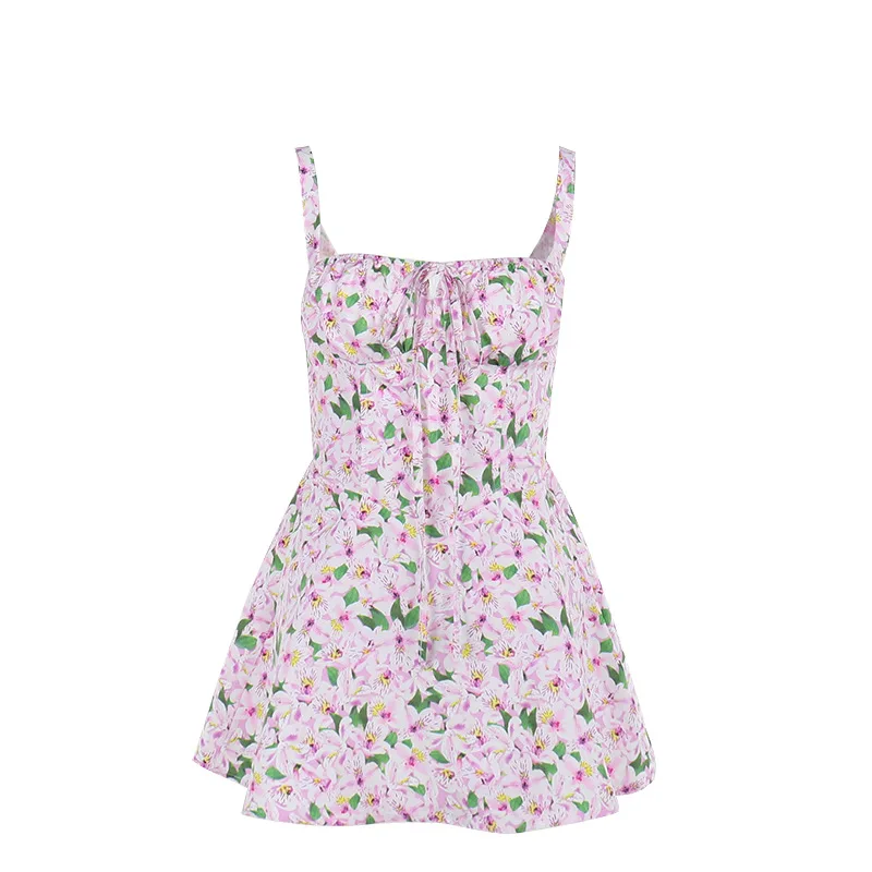 Rosa Blumenmuster-Slip-Kleid für Damen, Sommer, sexy, ärmellos, A-Linie, hohe Taille, kurze Kleider, Urlaub, Strand, Sommerkleid, 2025, Neu