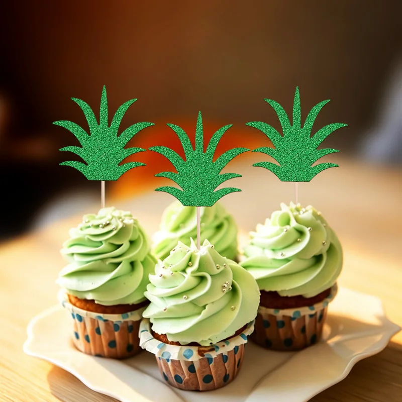 YOMDID 24Pcs Glitter Pineapple Leaf Cake Picks Leaves Cupcake Toppers Decorations for Summer Luau Hawaiian Party Supplies - view 4