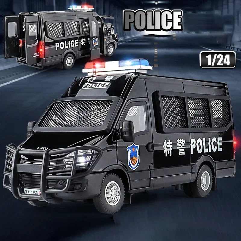 Modelo de coche de policía de aleación 1:24, juguete de simulación de coche de policía SWAT con sonido fundido a presión y luz extraíble, regalo de adornos