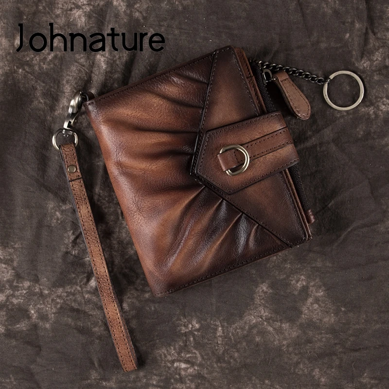 Johnature 2024 New Women Wallets Retro Short Genuine Leather Wallet Card Holder Leisure First Layer Cowhide Solid Color Purse