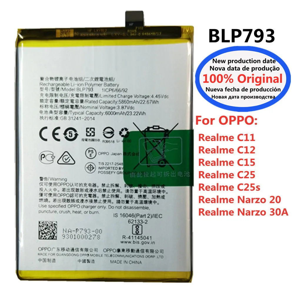 

6000mAh Original BLP793 Battery For Oppo Realme C25 C11 C12 C15 C25s Narzo 20 / Narzo 30A Replacement Mobile Phone Batteries