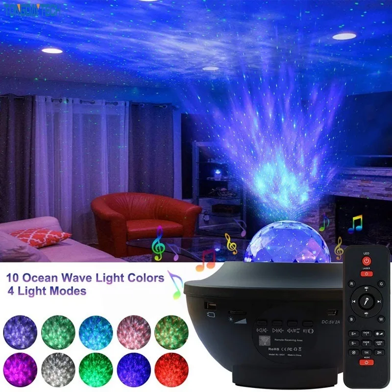 nova lampada laser lampada de projecao ceu estrelado lampada atmosfera musica bluetooth usb todas as estrelas chama textura de agua noite led 01