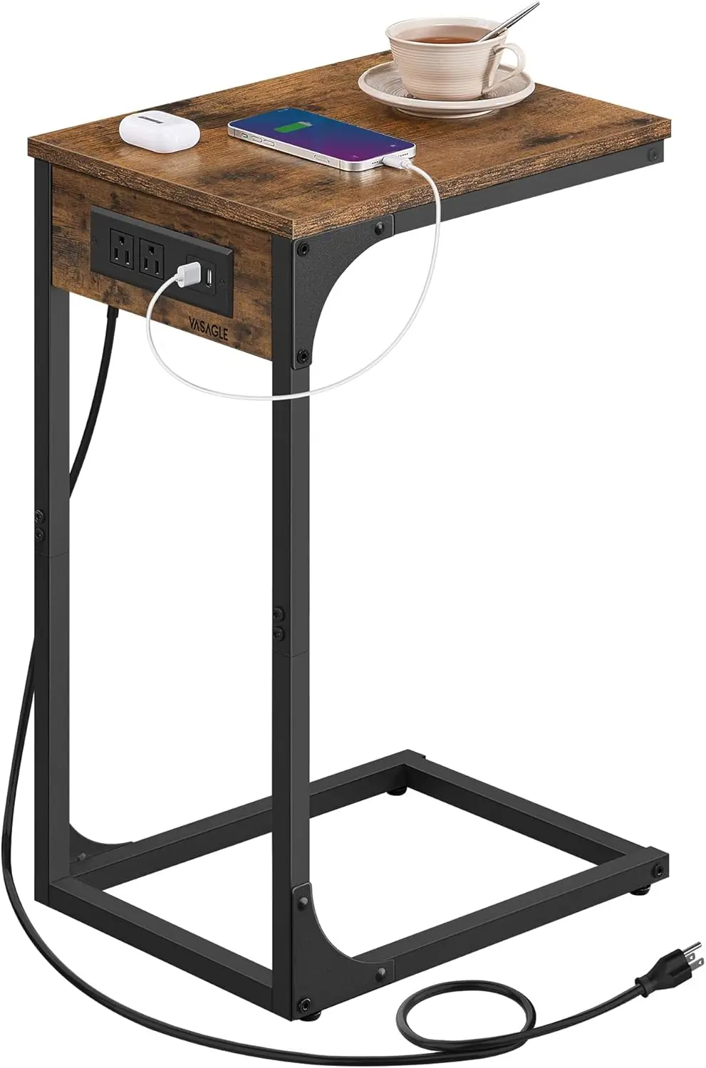 

C-Shaped Side Table, End Table with Charging Station, C Table for Couch, Sofa, Adjustable Feet, for Bedroom, Living Room, 2 U