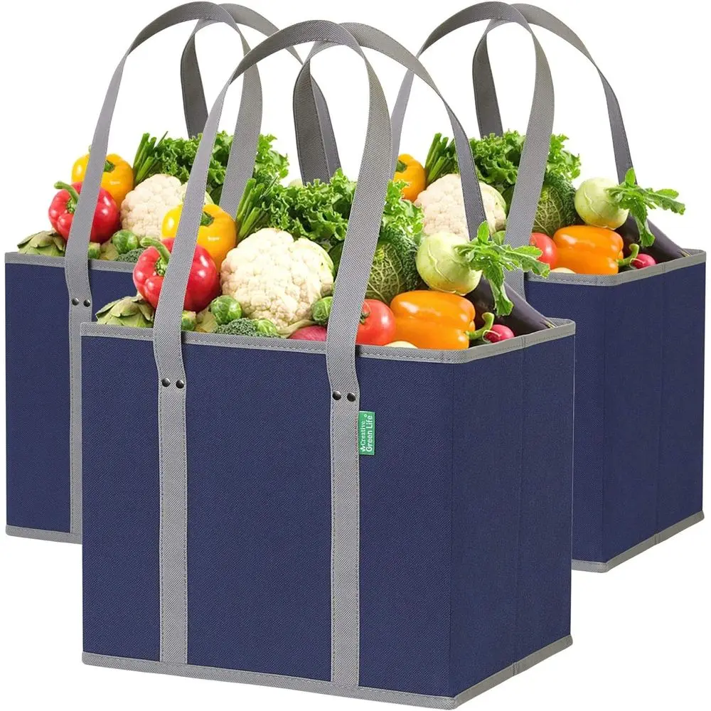 Bolsas de Compras Reutilizables (Paquete de 3) – Bolsas de Compras Reutilizables Resistentes con Forma de Caja para Mantenerse de Pie y Abiertas, Modelo Grande