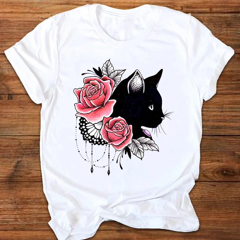 

Women Graphic Cartoon Cat Animal Flower Fashion Printing 90s Style Print Clothes Lady Tees Tops Female T Shirt Womens T-Shirt