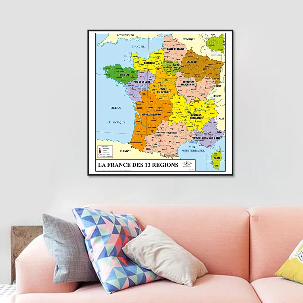 60 * 60 cm Mapa Francji Mapa polityczna Płótno Malarstwo Wall Art Plakat Klasa Dekoracja domu Artykuły szkolne dla dzieci