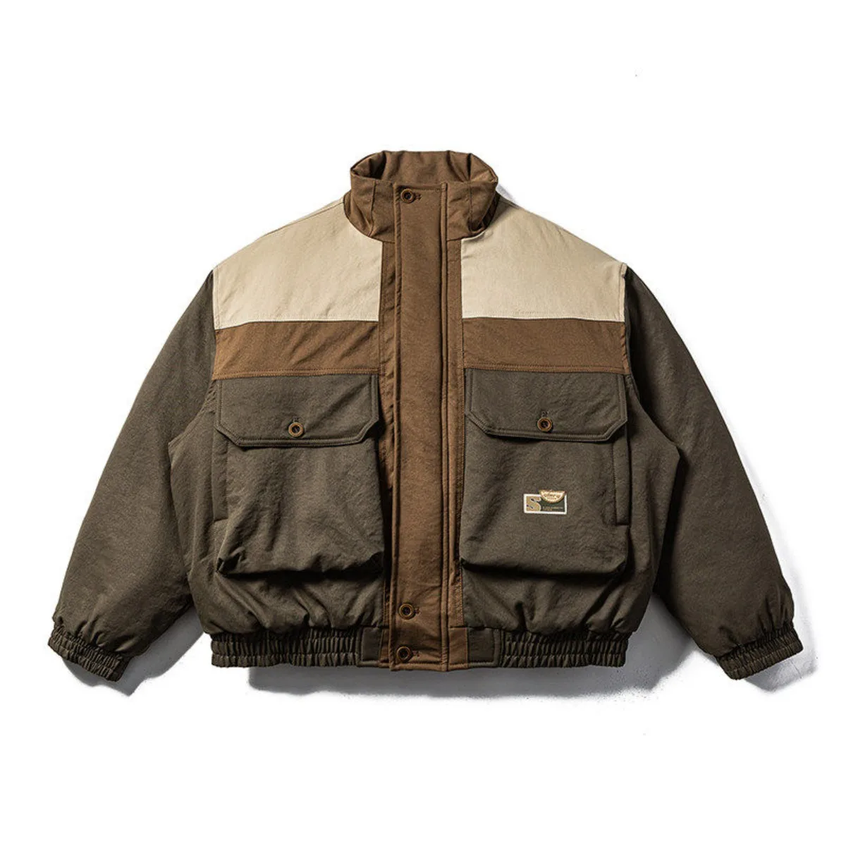 American Retro Color Blocked Stand Up Collar Cotton Jacket for Men Winter Loose Cotton Clip Thick and Warm Jacket