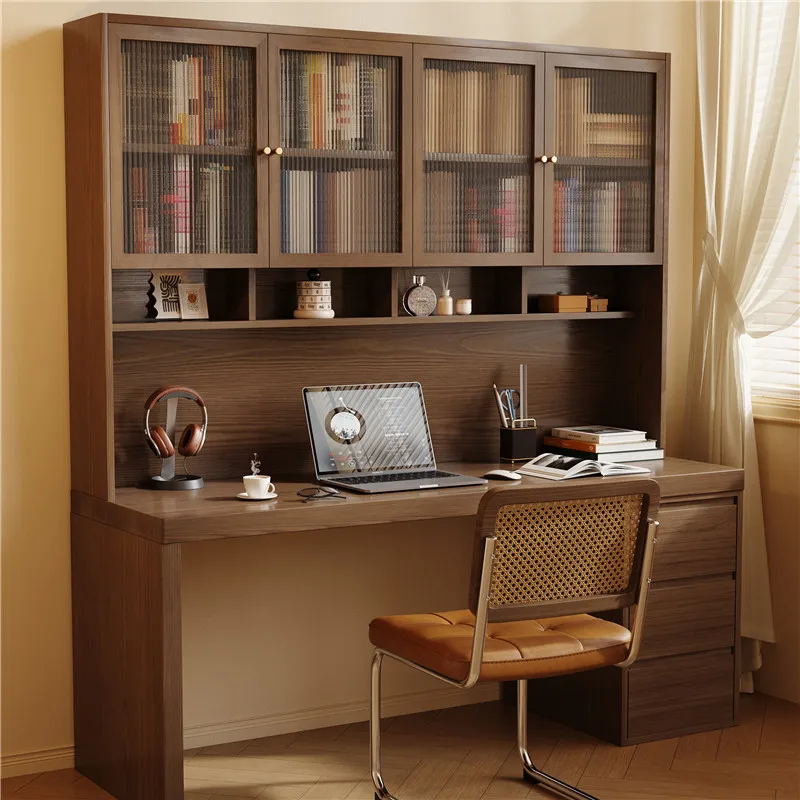 Solid wood bookcase, bookshelf integrated combination children's study desk, student home bedroom desktop computer desk