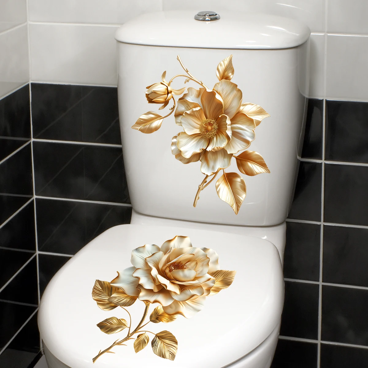 2PCS Elegant Golden Flower Bathroom Toilet Sticker, Home Wall Waterproof Wall Sticker