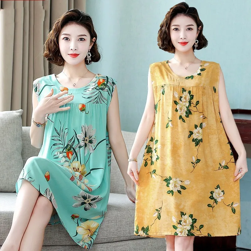 

Summer Cotton Silk Svel Midi Spwear for Mom Home Clothes Fem Mid-Aged And ly New Sle round Ne Dr