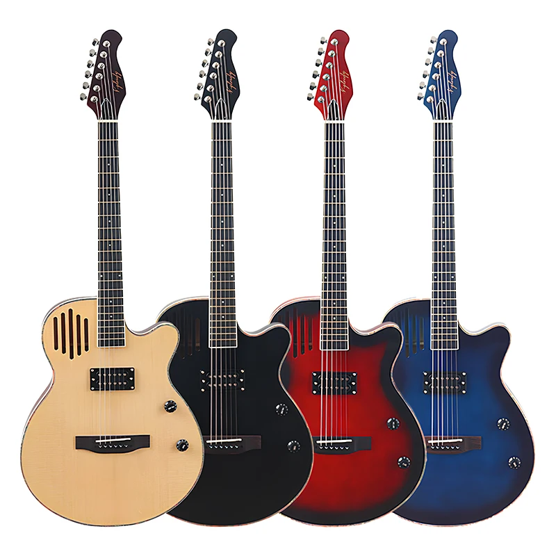 Guitarra folclórica eléctrica acústica de cuerpo fino de 6 cuerdas y 40 pulgadas, cuerpo de tilo, acabados mate, artesanía fina, negro Natural, rojo y azul