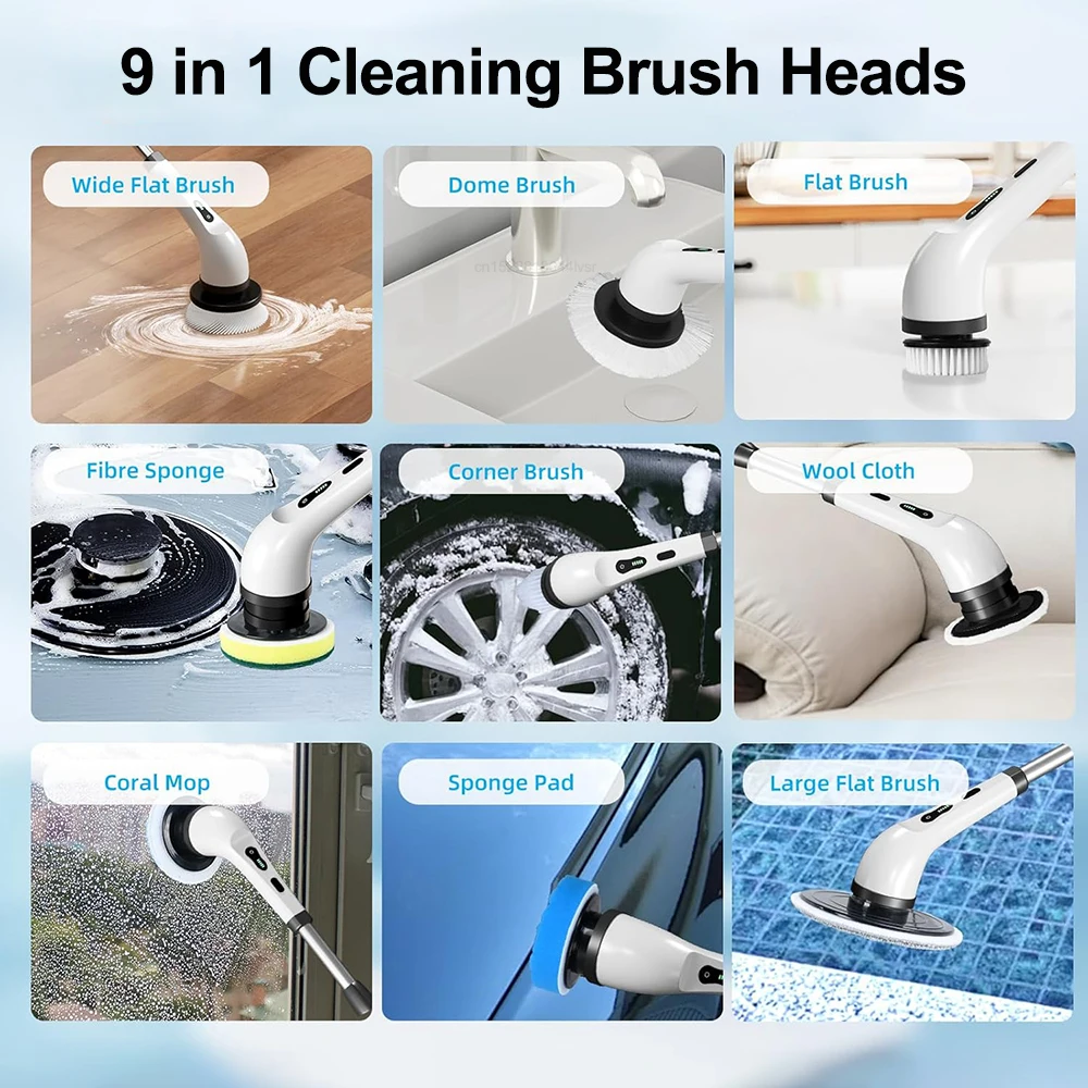 Electric Cleaning Brush for Bathroom Toilet Window Cleaning Multifunctional 9 in 1 Wireless Rotating Electric Cleaning Brush