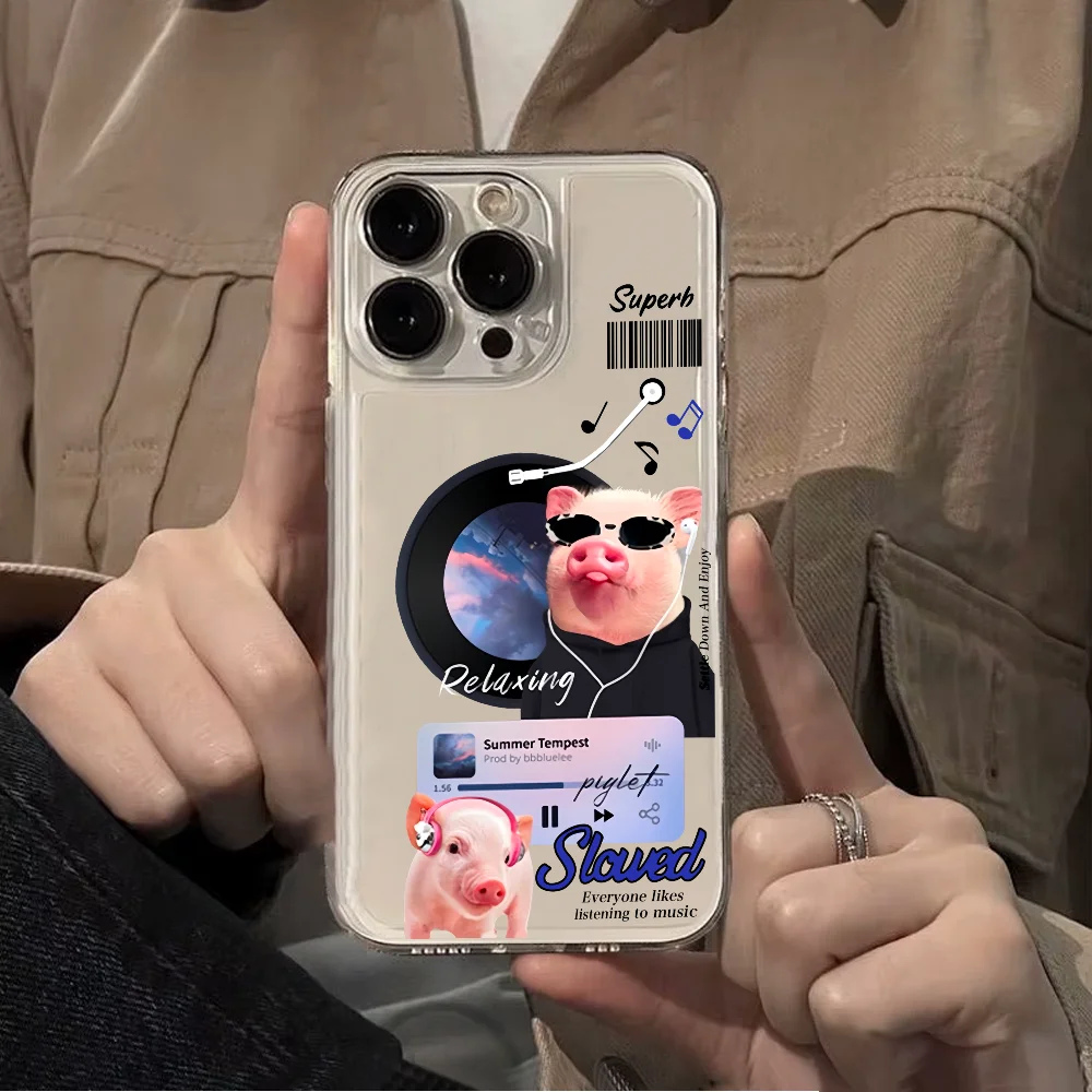 パロディー ピッグ ラビット コラージュ レコード アート スマホケース iPhone 12 11 13 14 15 16 17MINI Max Pro Plus 耐衝撃 ソフト クリアケース